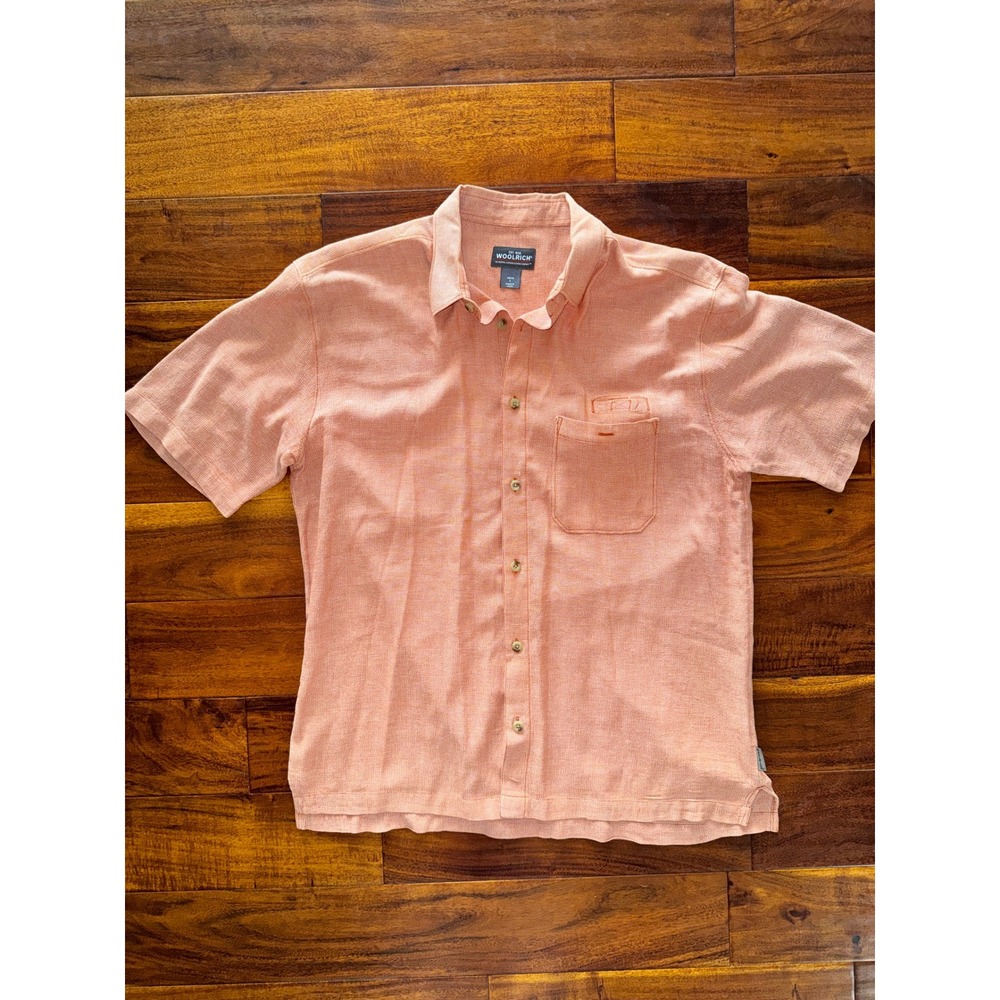 WOOLRICH Mens Orange Linen Blend Short Sleeve Button Up Shirt Size L